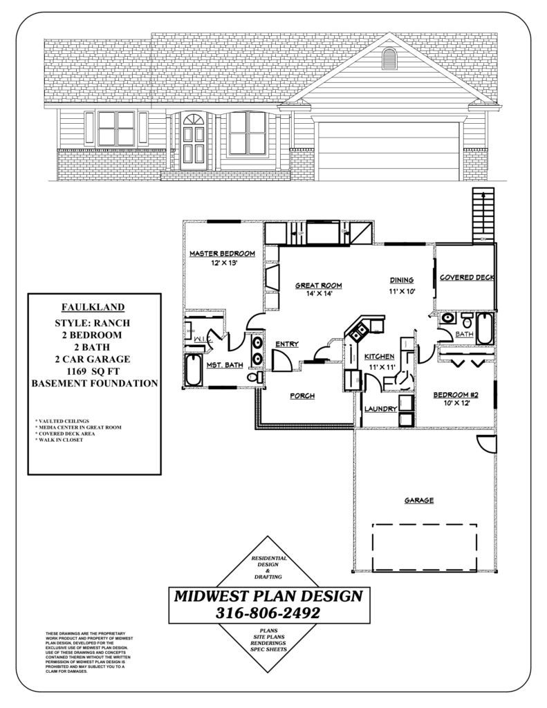 Faulkland ranch plan sheet, one of the small house plans under 1,500 sq ft by MidWest Plan Design in Wichita