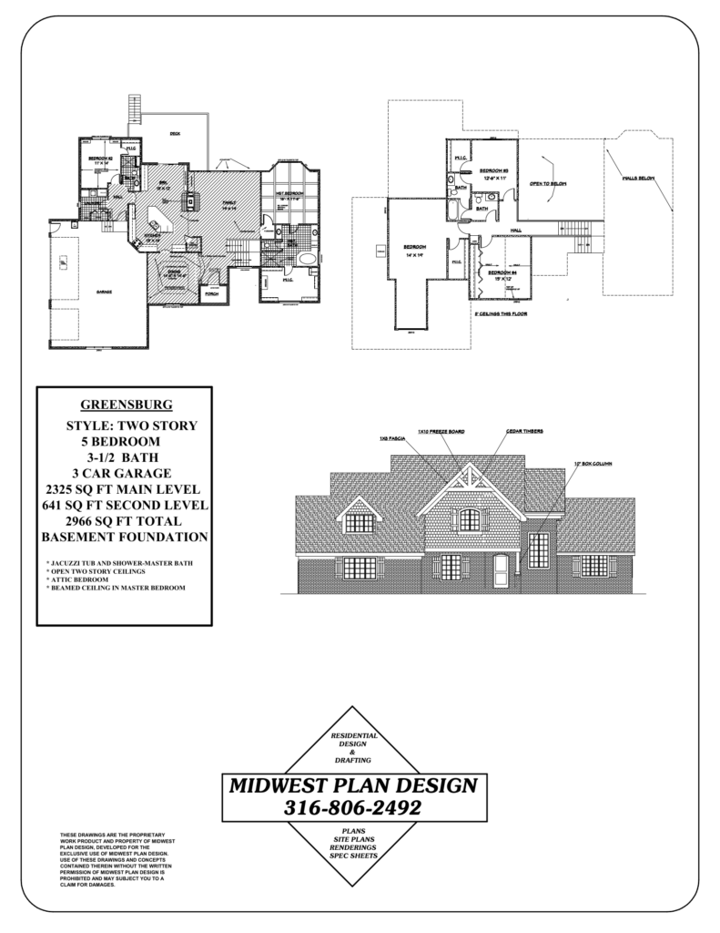 Greensburg two story plan sheet with five bedrooms, part of a ranch vs two story comparison by MidWest Plan Design