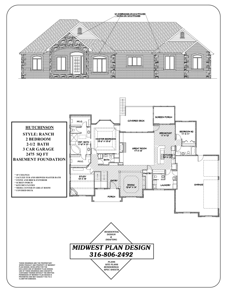 Hutchinson ranch plan sheet, one of the house plans with screened porch and covered deck by MidWest Plan Design