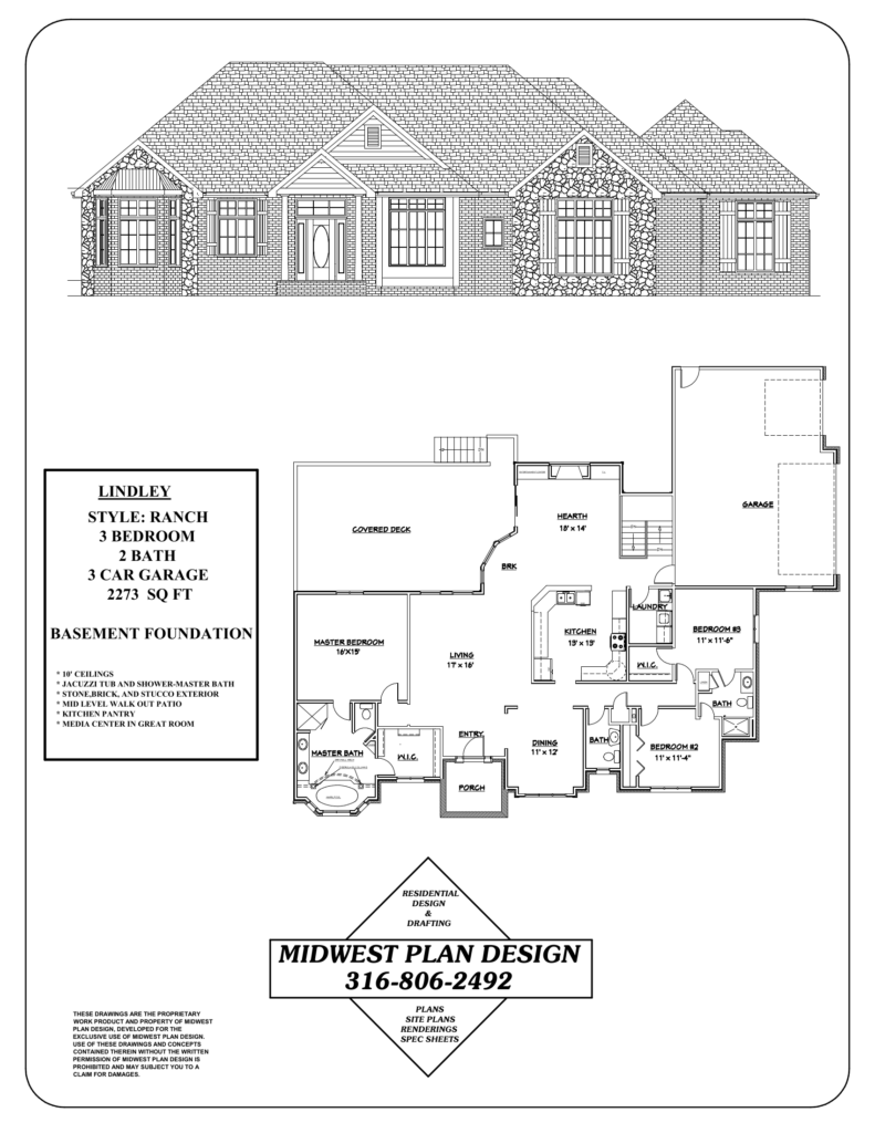 Lindley ranch plan sheet with a mid-level walkout patio, drawn by MidWest Plan Design in Wichita