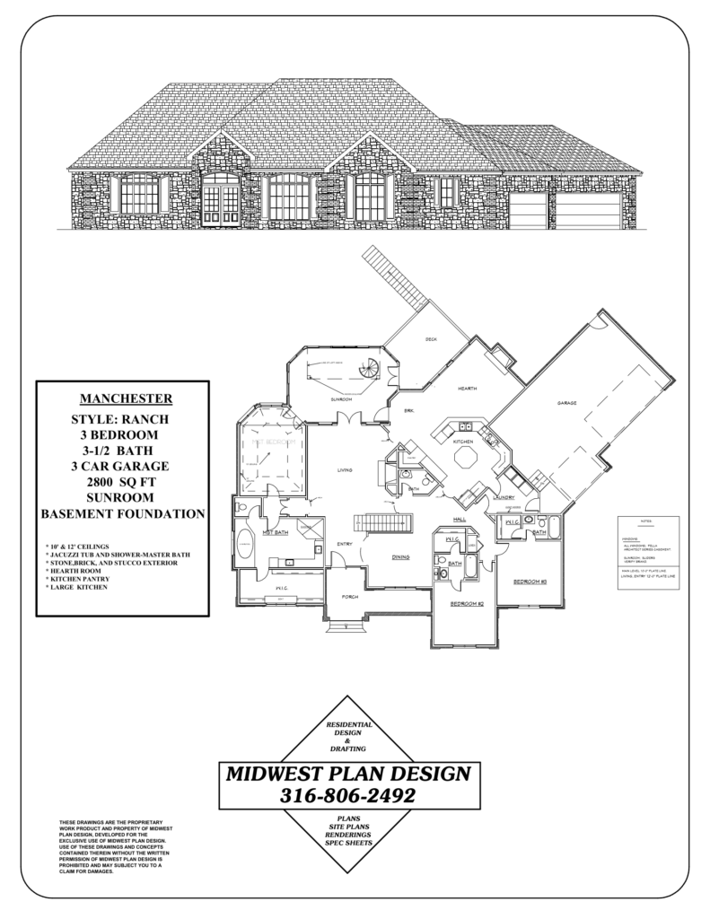 Manchester ranch plan with angled garage, a wide layout suited to building on acreage near Wichita