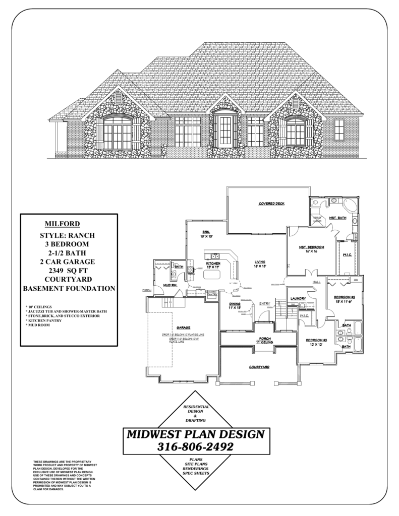 Milford plan sheet, one of the courtyard house plans by MidWest Plan Design with a walled entry courtyard