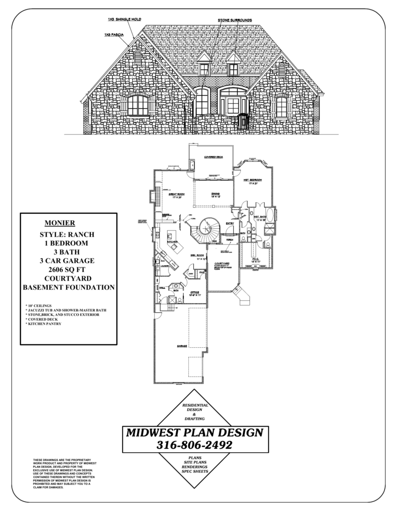 Monier plan sheet listing a stone, brick and stucco exterior, an example of material descriptions in house plans by MidWest Plan Design