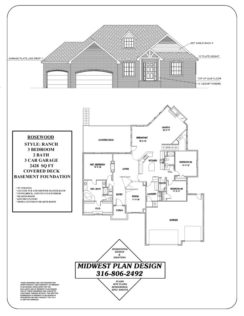 Rosewood plan sheet with a front elevation, the type of drawing required with house plans in Derby KS