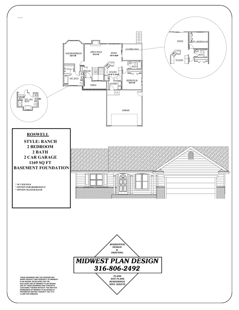 Roswell ranch plan showing how a designer can modify existing house plans with an optional third bedroom layout