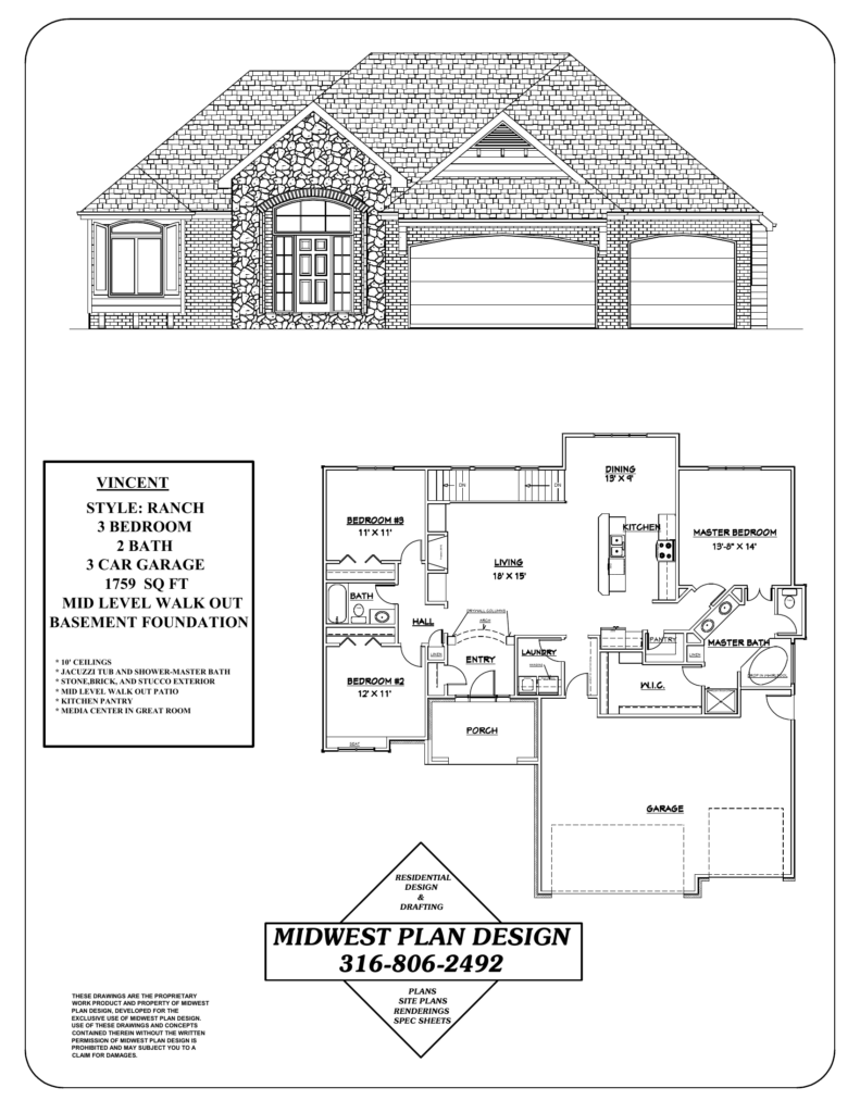 Vincent ranch plan sheet, an example of house plans you can take to any builder for bids in Wichita