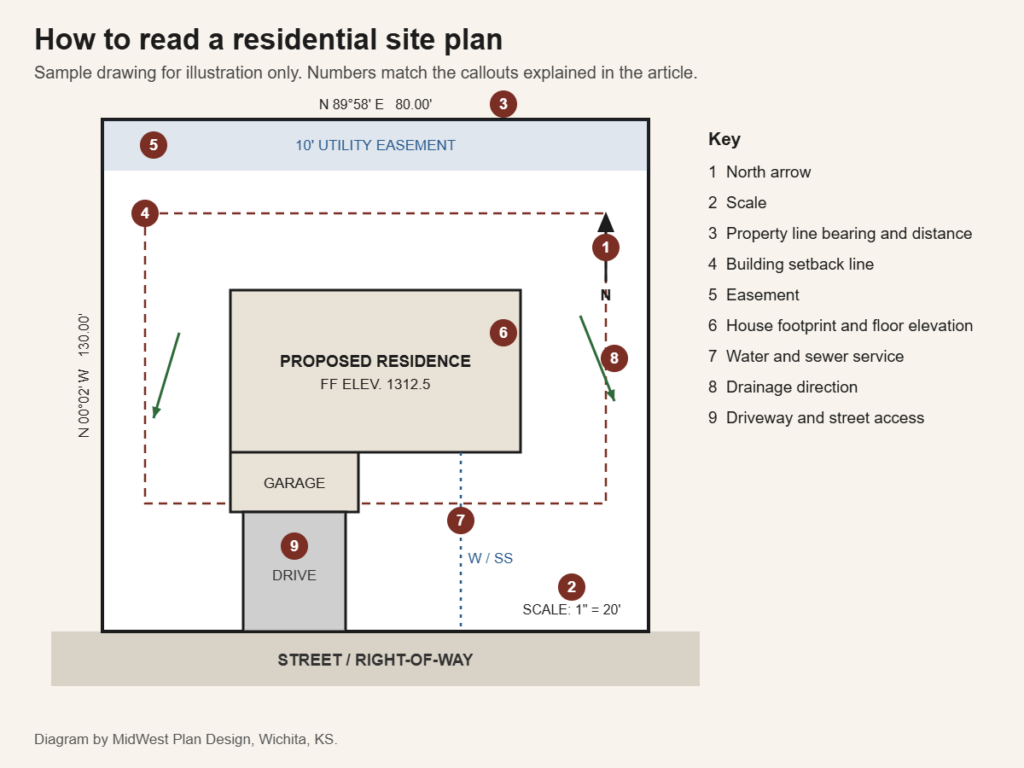 Sample diagram showing how to read a site plan with nine callouts for north arrow, scale, property lines, setbacks, easement, house, utilities, drainage and driveway