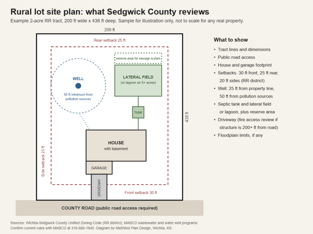 Site diagram for building on acreage near Wichita showing the well, septic field, setbacks and driveway on a rural tract