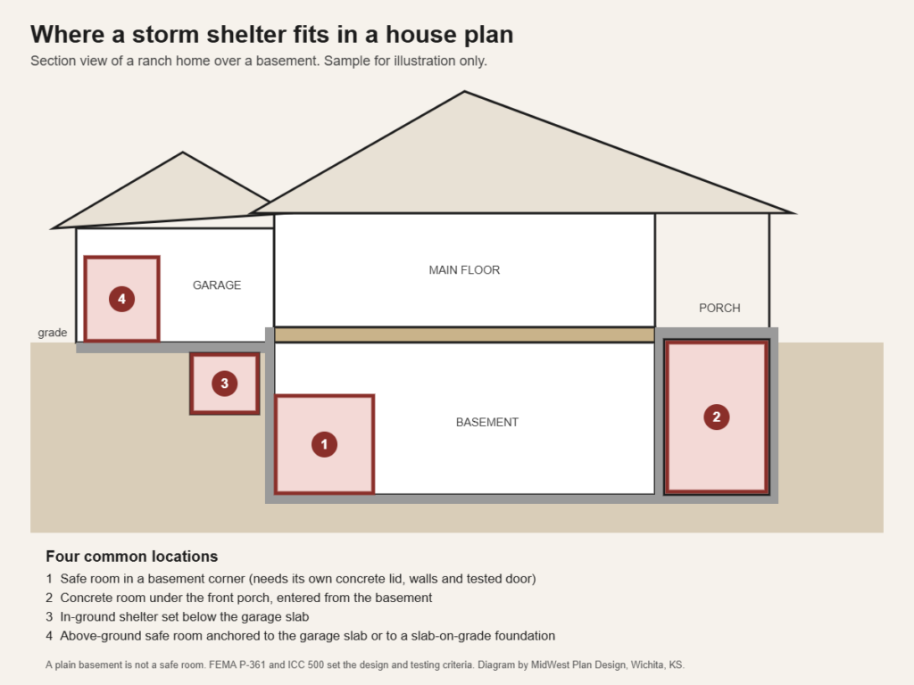 Diagram of storm shelter house plans showing four safe room locations in a Wichita home with a basement